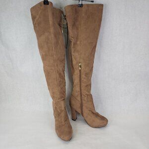 Bella Marie Boots Women's Sz 7 Suede Over The Knee 3.5" Block Heel Taupe Lace-up